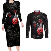 Hello Darkness My Old Friend Skull Couples Matching Long Sleeve Bodycon Dress and Long Sleeve Button Shirts - Wonder Print Shop