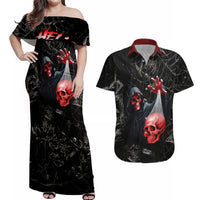 Hello Darkness My Old Friend Skull Couples Matching Off Shoulder Maxi Dress and Hawaiian Shirt - Wonder Print Shop