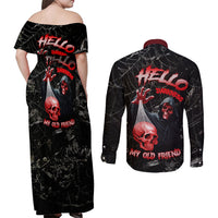 Hello Darkness My Old Friend Skull Couples Matching Off Shoulder Maxi Dress and Long Sleeve Button Shirts - Wonder Print Shop
