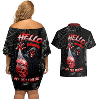 Hello Darkness My Old Friend Skull Couples Matching Off Shoulder Short Dress and Hawaiian Shirt - Wonder Print Shop