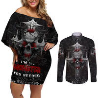 I'm Not The Hero You Wanted I'm The Monster You Needed Couples Matching Off Shoulder Short Dress and Long Sleeve Button Shirts - Wonder Print Shop