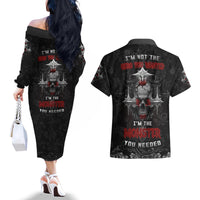 I'm Not The Hero You Wanted I'm The Monster You Needed Couples Matching Off The Shoulder Long Sleeve Dress and Hawaiian Shirt - Wonder Print Shop