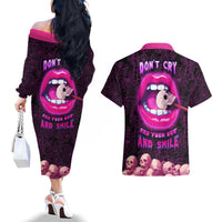 Skull Couples Matching Off The Shoulder Long Sleeve Dress and Hawaiian Shirt Don't Cry Say Fuck You And Smile - Wonder Print Shop