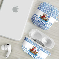 Greece Christmas AirPods Case with Santa Rowing Boat Greek Flag Laurel Wreath Parthenon and Blue White Pattern Design - Wonder Print Shop