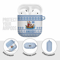 Greece Christmas AirPods Case with Santa Rowing Boat Greek Flag Laurel Wreath Parthenon and Blue White Pattern Design - Wonder Print Shop