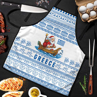 Greece Christmas Apron with Santa Rowing Boat Greek Flag Laurel Wreath Parthenon and Blue White Pattern Design - Wonder Print Shop