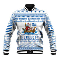 Greece Christmas Baseball Jacket with Santa Rowing Boat Greek Flag Laurel Wreath Parthenon and Blue White Pattern Design - Wonder Print Shop