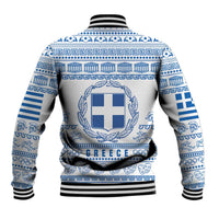 Greece Christmas Baseball Jacket with Santa Rowing Boat Greek Flag Laurel Wreath Parthenon and Blue White Pattern Design - Wonder Print Shop