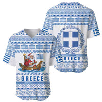 Greece Christmas Baseball Jersey with Santa Rowing Boat Greek Flag Laurel Wreath Parthenon and Blue White Pattern Design - Wonder Print Shop