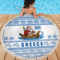 Greece Christmas Beach Blanket with Santa Rowing Boat Greek Flag Laurel Wreath Parthenon and Blue White Pattern Design - Wonder Print Shop