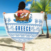 Greece Christmas Beach Blanket with Santa Rowing Boat Greek Flag Laurel Wreath Parthenon and Blue White Pattern Design - Wonder Print Shop
