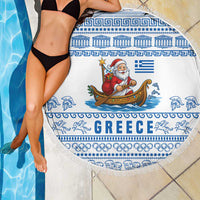 Greece Christmas Beach Blanket with Santa Rowing Boat Greek Flag Laurel Wreath Parthenon and Blue White Pattern Design - Wonder Print Shop