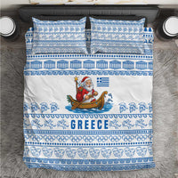 Greece Christmas Bedding Set with Santa Rowing Boat Greek Flag Laurel Wreath Parthenon and Blue White Pattern Design - Wonder Print Shop