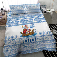 Greece Christmas Bedding Set with Santa Rowing Boat Greek Flag Laurel Wreath Parthenon and Blue White Pattern Design - Wonder Print Shop