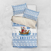 Greece Christmas Bedding Set with Santa Rowing Boat Greek Flag Laurel Wreath Parthenon and Blue White Pattern Design - Wonder Print Shop