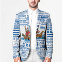 Greece Christmas Blazer with Santa Rowing Boat Greek Flag Laurel Wreath Parthenon and Blue White Pattern Design - Wonder Print Shop