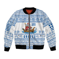 Greece Christmas Bomber Jacket with Santa Rowing Boat Greek Flag Laurel Wreath Parthenon and Blue White Pattern Design - Wonder Print Shop