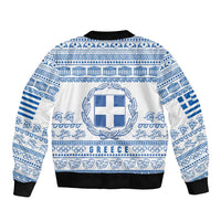 Greece Christmas Bomber Jacket with Santa Rowing Boat Greek Flag Laurel Wreath Parthenon and Blue White Pattern Design - Wonder Print Shop