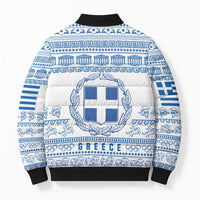 Greece Christmas Bomber Puffer Jacket with Santa Rowing Boat Greek Flag Laurel Wreath Parthenon and Blue White Pattern Design - Wonder Print Shop
