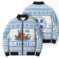 Greece Christmas Bomber Puffer Jacket with Santa Rowing Boat Greek Flag Laurel Wreath Parthenon and Blue White Pattern Design - Wonder Print Shop