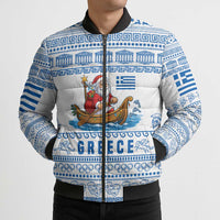 Greece Christmas Bomber Puffer Jacket with Santa Rowing Boat Greek Flag Laurel Wreath Parthenon and Blue White Pattern Design - Wonder Print Shop