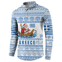 Greece Christmas Button Sweatshirt with Santa Rowing Boat Greek Flag Laurel Wreath Parthenon and Blue White Pattern Design - Wonder Print Shop