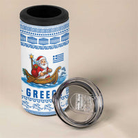 Greece Christmas 4 in 1 Can Cooler Tumbler with Santa Rowing Boat Greek Flag Laurel Wreath Parthenon and Blue White Pattern Design - Wonder Print Shop
