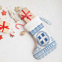 Greece Christmas Stocking with Santa Rowing Boat Greek Flag Laurel Wreath Parthenon and Blue White Pattern Design - Wonder Print Shop