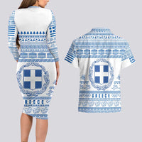 Greece Christmas Couples Matching Long Sleeve Bodycon Dress and Hawaiian Shirt with Santa Rowing Boat Greek Flag Laurel Wreath Parthenon and Blue White Pattern Design - Wonder Print Shop