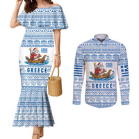 Greece Christmas Couples Matching Mermaid Dress and Long Sleeve Button Shirt with Santa Rowing Boat Greek Flag Laurel Wreath Parthenon and Blue White Pattern Design - Wonder Print Shop
