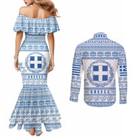 Greece Christmas Couples Matching Mermaid Dress and Long Sleeve Button Shirt with Santa Rowing Boat Greek Flag Laurel Wreath Parthenon and Blue White Pattern Design - Wonder Print Shop