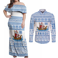 Greece Christmas Couples Matching Off Shoulder Maxi Dress and Long Sleeve Button Shirt with Santa Rowing Boat Greek Flag Laurel Wreath Parthenon and Blue White Pattern Design - Wonder Print Shop