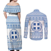 Greece Christmas Couples Matching Off Shoulder Maxi Dress and Long Sleeve Button Shirt with Santa Rowing Boat Greek Flag Laurel Wreath Parthenon and Blue White Pattern Design - Wonder Print Shop