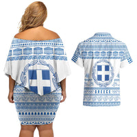 Greece Christmas Couples Matching Off Shoulder Short Dress and Hawaiian Shirt with Santa Rowing Boat Greek Flag Laurel Wreath Parthenon and Blue White Pattern Design - Wonder Print Shop