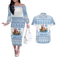 Greece Christmas Couples Matching Off The Shoulder Long Sleeve Dress and Hawaiian Shirt with Santa Rowing Boat Greek Flag Laurel Wreath Parthenon and Blue White Pattern Design - Wonder Print Shop