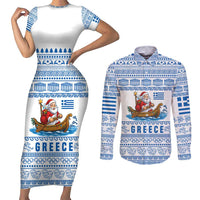 Greece Christmas Couples Matching Short Sleeve Bodycon Dress and Long Sleeve Button Shirt with Santa Rowing Boat Greek Flag Laurel Wreath Parthenon and Blue White Pattern Design - Wonder Print Shop