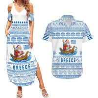 Greece Christmas Couples Matching Summer Maxi Dress and Hawaiian Shirt with Santa Rowing Boat Greek Flag Laurel Wreath Parthenon and Blue White Pattern Design - Wonder Print Shop