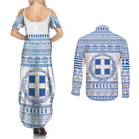 Greece Christmas Couples Matching Summer Maxi Dress and Long Sleeve Button Shirt with Santa Rowing Boat Greek Flag Laurel Wreath Parthenon and Blue White Pattern Design - Wonder Print Shop