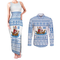 Greece Christmas Couples Matching Tank Maxi Dress and Long Sleeve Button Shirt with Santa Rowing Boat Greek Flag Laurel Wreath Parthenon and Blue White Pattern Design - Wonder Print Shop