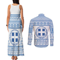 Greece Christmas Couples Matching Tank Maxi Dress and Long Sleeve Button Shirt with Santa Rowing Boat Greek Flag Laurel Wreath Parthenon and Blue White Pattern Design - Wonder Print Shop
