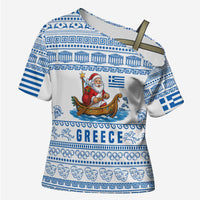 Greece Christmas Cross Shoulder Shirt with Santa Rowing Boat Greek Flag Laurel Wreath Parthenon and Blue White Pattern Design - Wonder Print Shop