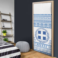 Greece Christmas Door Cover with Santa Rowing Boat Greek Flag Laurel Wreath Parthenon and Blue White Pattern Design - Wonder Print Shop