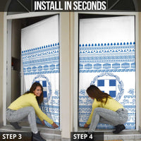 Greece Christmas Door Cover with Santa Rowing Boat Greek Flag Laurel Wreath Parthenon and Blue White Pattern Design - Wonder Print Shop