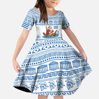 Greece Christmas Family Matching Off The Shoulder Long Sleeve Dress and Hawaiian Shirt with Santa Rowing Boat Greek Flag Laurel Wreath Parthenon and Blue White Pattern Design - Wonder Print Shop