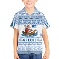 Greece Christmas Family Matching Off The Shoulder Long Sleeve Dress and Hawaiian Shirt with Santa Rowing Boat Greek Flag Laurel Wreath Parthenon and Blue White Pattern Design - Wonder Print Shop
