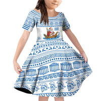 Greece Christmas Family Matching Off Shoulder Short Dress and Hawaiian Shirt with Santa Rowing Boat Greek Flag Laurel Wreath Parthenon and Blue White Pattern Design - Wonder Print Shop