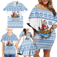 Greece Christmas Family Matching Off Shoulder Short Dress and Hawaiian Shirt with Santa Rowing Boat Greek Flag Laurel Wreath Parthenon and Blue White Pattern Design - Wonder Print Shop