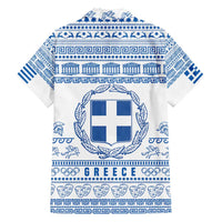 Greece Christmas Family Matching Off Shoulder Short Dress and Hawaiian Shirt with Santa Rowing Boat Greek Flag Laurel Wreath Parthenon and Blue White Pattern Design - Wonder Print Shop