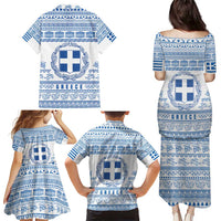 Greece Christmas Family Matching Puletasi and Hawaiian Shirt with Santa Rowing Boat Greek Flag Laurel Wreath Parthenon and Blue White Pattern Design - Wonder Print Shop