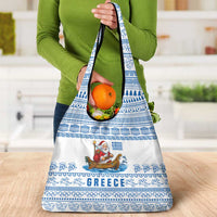Greece Christmas Grocery Bag with Santa Rowing Boat Greek Flag Laurel Wreath Parthenon and Blue White Pattern Design - Wonder Print Shop